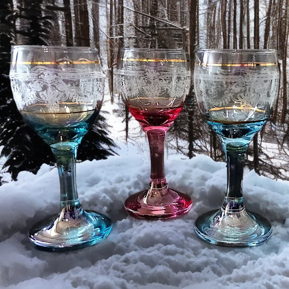 3 Chatel Gold Cristal D'Arques Cordial Glasses‎ Durand Iridescent Cranberry Blue